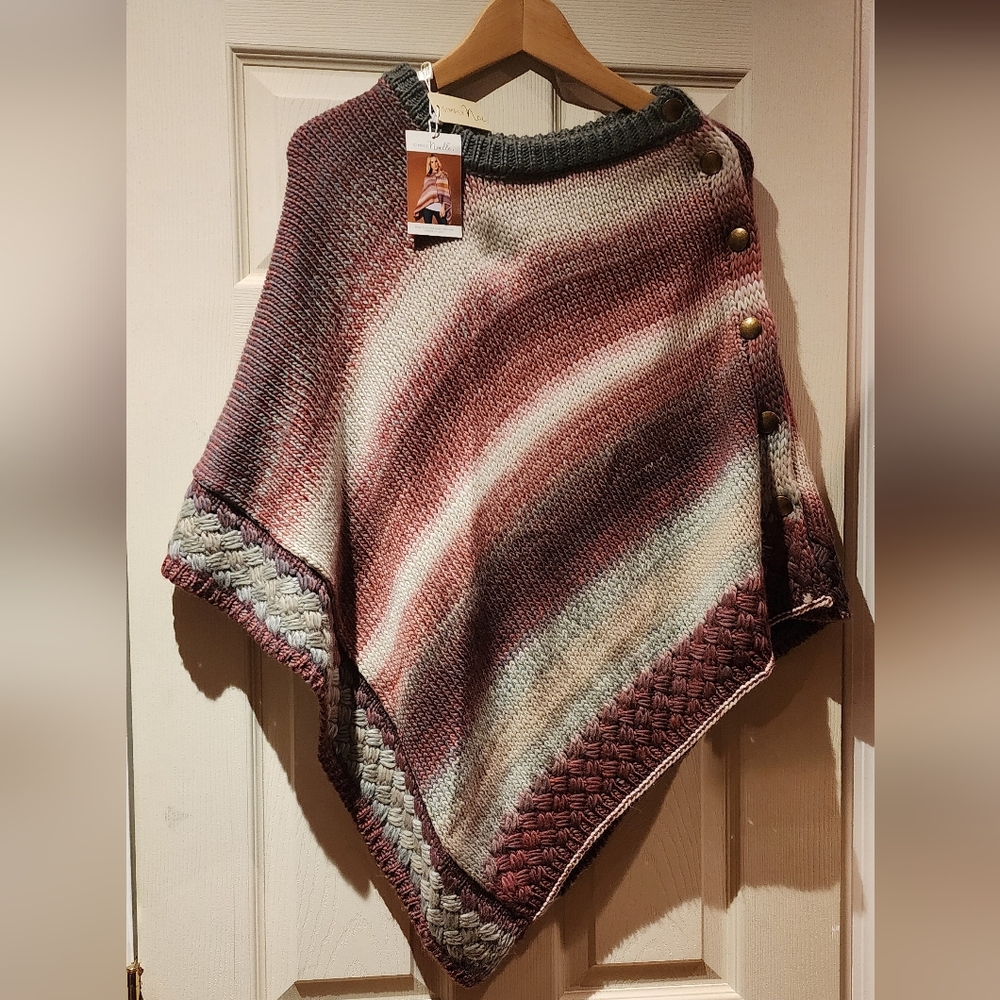 Warm Wrap, one size, with antique button detailing. Grey, off white & dusky pink